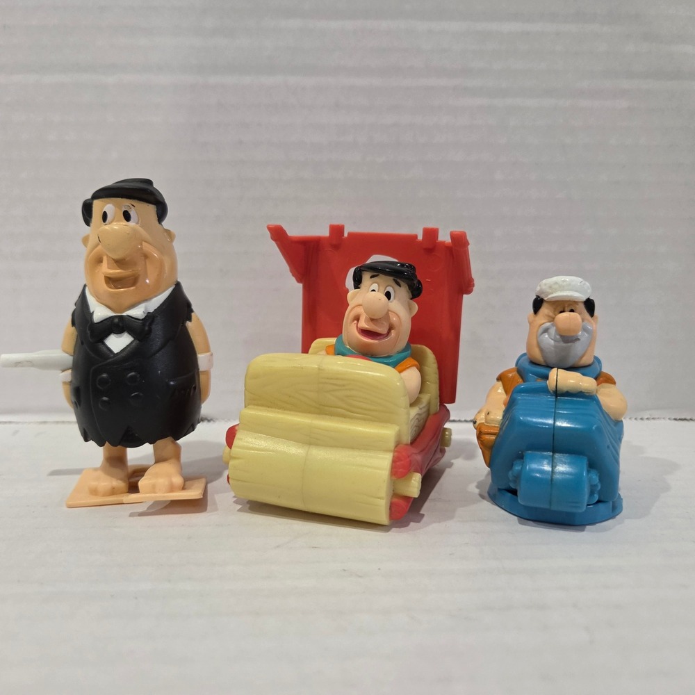 Vintage The Flintstones Toy Figure Lot Fred Flintstone Tuxedo & Stone Car Barney